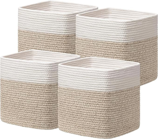 joybest 13x13x13 Inch Cube Storage Bins Set of 4, Cotton Rope Woven Organizer Basket for Shelves, Cube Bin Square Shelves Organizer Closet Storage, Nursery, Toy Organization, Brown&White by joybest