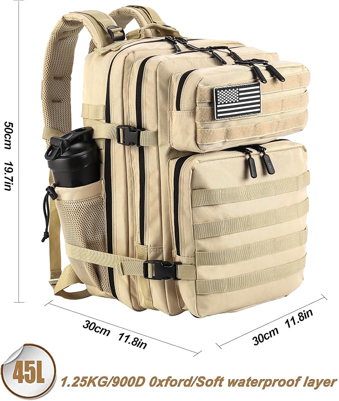 LHI Military Tactical Backpack for Men and Women 45L Army 3 Days Assault Pack Bag Large Rucksack with Molle System - Cream - Image 2