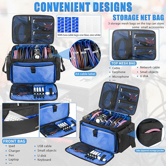 AKOZLIN Cable File Bag with Detachable Dividers for DJ Gear, Sound Instrument Accessories - Image 2
