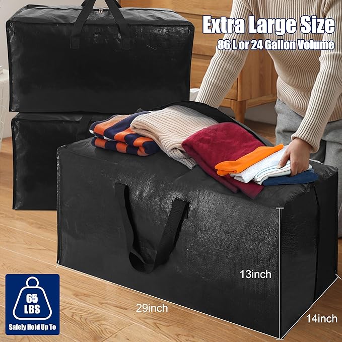 Cosy Family 12 Pack Heavy Duty Moving Bags with Backpack Straps - Strong Handles & Zippers, Storage Totes For Space Saving, Fold Flat, Alternative to Moving Box (X-Large-Set of 12, Black) - Image 6