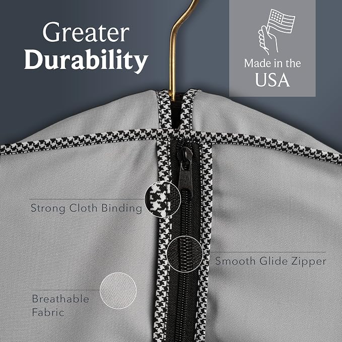 60" Luxury Fur Coat Cotton Blend Cloth Garment Bags for Travel & Hanging Clothes (Grey - Houndstooth Trim) - Suit Covers Garment Bag for Men & Women Dress Bag - Closet Storage Suit Bag, Coat Storage - Image 6