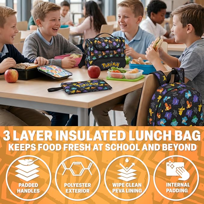Get Trend Pokemon Boys Backpack, Lunch Bag & Pencil Case, 3 Piece Set | 18 inch Bookbag, Adjustable Padded Straps, Insulated Lunch Bag, Pencil Pouch, School Supplies, Pikachu Gamer Gifts for Boys - Image 4