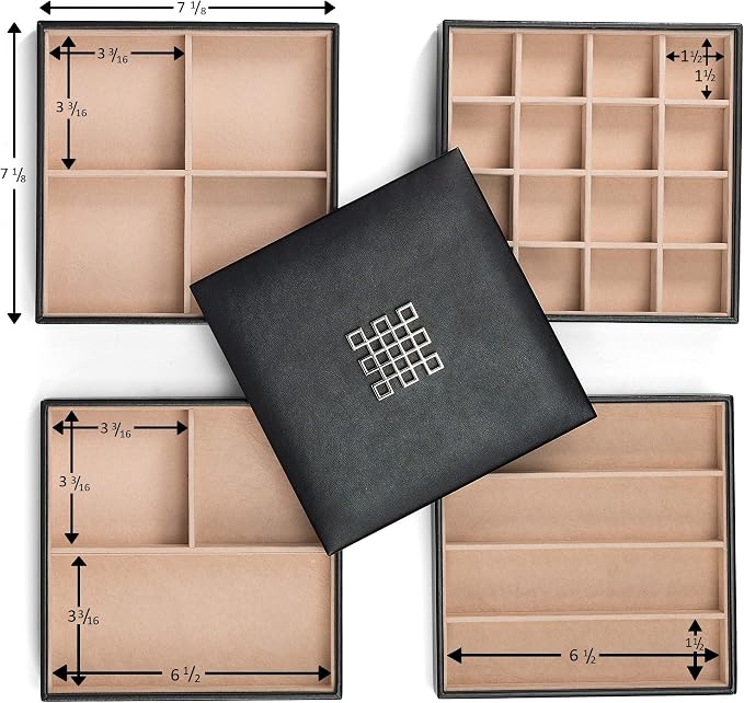 Glenor Co Jewelry Organizer Tray - 4 Stackable Trays & Lid with Mirror - 27 Slot Storage for Drawer, Dresser - Black - Image 3