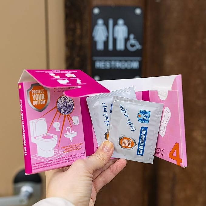 The Restroom Kit Plus: All-in-One Hygiene Travel Kit for Women, 12-Pack with Panty Liner, Patented Seat Cover, 3-Ply Toilet Paper, and Wipes