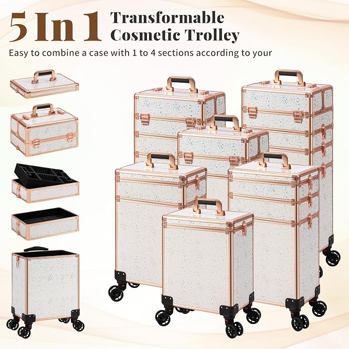 AROUS Rolling Makeup Train Case 5 in 1 Cosmetology Case on Wheels Large Cosmetic Organizer Travel Cart for Hairstylist Artist Nail Beauty Salon Barber,White - Image 2