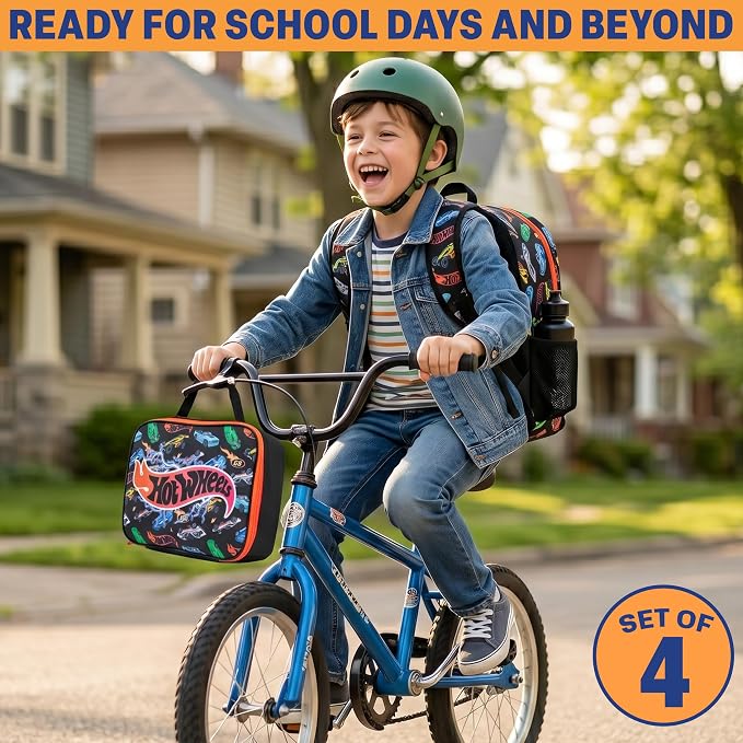 Get Trend Hot Wheels Boys Backpack 4 Piece Set | 18 In Bookbag with Insulated Lunch Bag, Pencil Case & BPA-Free Water Bottle, Adjustable Padded Straps, Gamer Gifts for Boys - Image 5