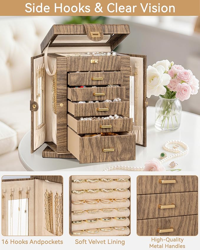AKOZLIN 6-Tier Jewelry Box Organizer Functional 5 Drawers Leather Jewelry Storage Case for Women Girls Ring Necklace Earring Bracelet Holder Organizer with Mirror Wood Grain 360° Rotating - Image 6