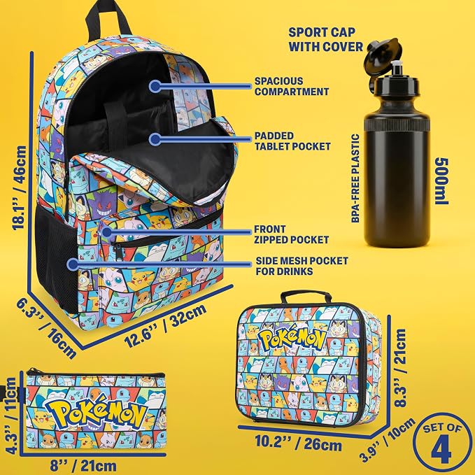 Get Trend Pokemon Boys Backpack 4 Piece Set | 18 In Bookbag with Insulated Lunch Bag, Zipped Pencil Case & BPA-Free Water Bottle, Adjustable Padded Straps, Gifts for Boys - Image 3