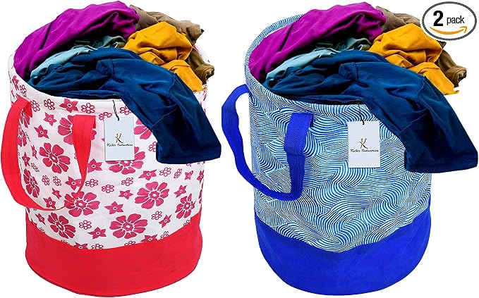 Kuber Industries Printed 2 Pieces Waterproof Canvas Laundry Bag, Toy Storage, Laundry Basket Organizer 45 L (Pink & Blue) CTKTC134639 by Kuber+Industries