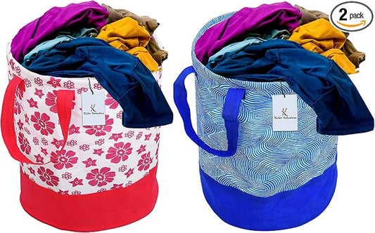 Kuber Industries Printed 2 Pieces Waterproof Canvas Laundry Bag, Toy Storage, Laundry Basket Organizer 45 L (Pink & Blue) CTKTC134639 by Kuber+Industries