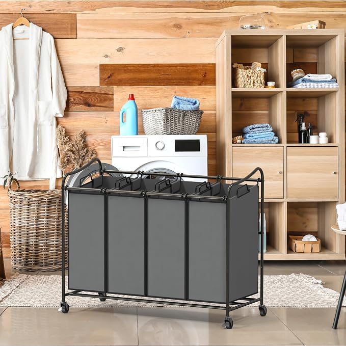 Simple Houseware 4-Bag Heavy Duty Laundry Sorter Rolling Cart, Dark Grey | Removable Bags and Lockable Wheels for Laundry Room Organization - Image 2