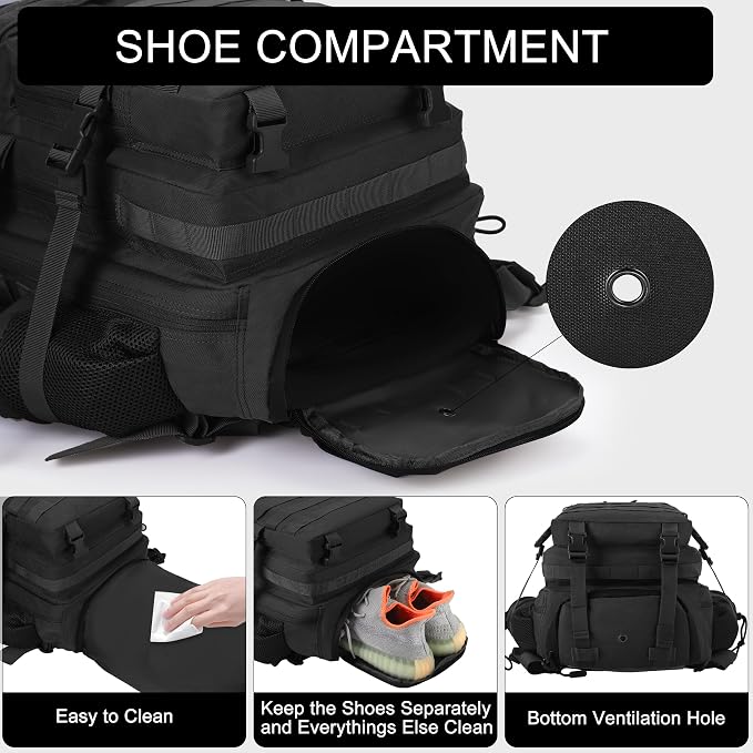 LHI Military Tactical Backpack for Men and Women 45L Army 3 Days Assault Pack Bag Large Rucksack with Shoe Compartment - Image 2