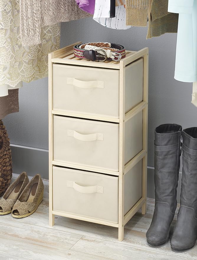 Whitmor 3 Drawer Wood Chest Organizer, Natural Pine Storage with Pull Out Fabric Bins, Easy Assembly, Compact Design for Bedroom Closet Nursery, 11.0"L x 10.0"W x 25.5"H - Image 2