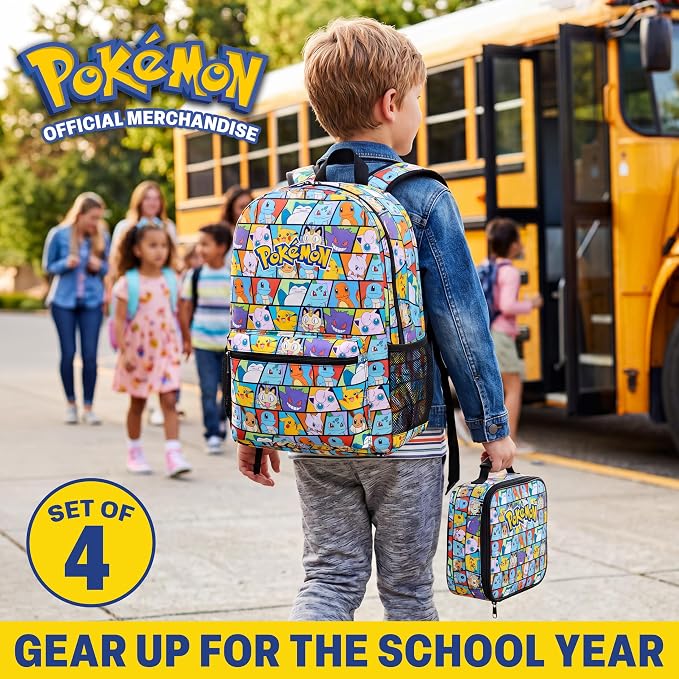Get Trend Pokemon Boys Backpack 4 Piece Set | 18 In Bookbag with Insulated Lunch Bag, Zipped Pencil Case & BPA-Free Water Bottle, Adjustable Padded Straps, Gifts for Boys - Image 2