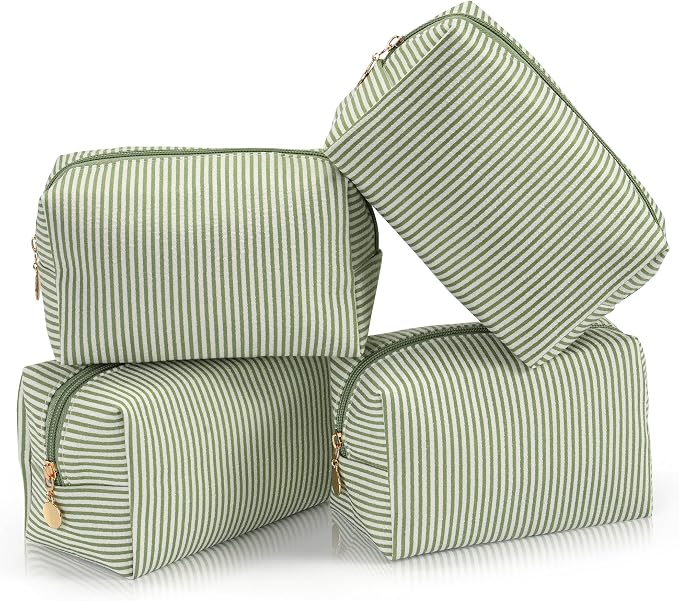 Makeup Bag Set for Women, 4PCS Travel Cosmetic Bags Pencil Case, Striped Seersucker Toiletry Organizer Pouches, Cute Makeup Pouch for Purse, Accessories and Gifts, Green by Unknown