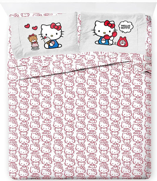 Jay Franco Sheet Set with Fitted, Flat Sheets & Pillow Cover - Ultra-Soft Bedding with Pillowcase for Room Decor, Red - Hello Kitty, 4 Piece Full by JayFranco