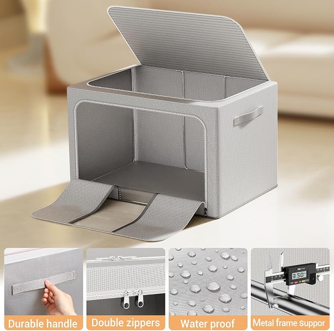 Clothes Storage Bins with Metal Frame Foldable Storage Box Clothes Organizers Storage Containers for Clothes Sheets Blankets Books Toys Gifts and Holiday Decorations (66Lx3 Pack) - Image 5