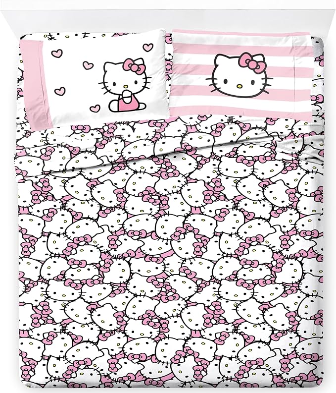 Jay Franco Sheet Set with Fitted, Flat Sheets & Pillow Cover - Ultra-Soft Bedding with Pillowcase for Room Decor, Multi - Hello Kitty, 4 Piece King by JayFranco