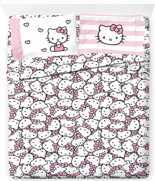Jay Franco Sheet Set with Fitted, Flat Sheets & Pillow Cover - Ultra-Soft Bedding with Pillowcase for Room Decor, Multi - Hello Kitty, 4 Piece King by JayFranco