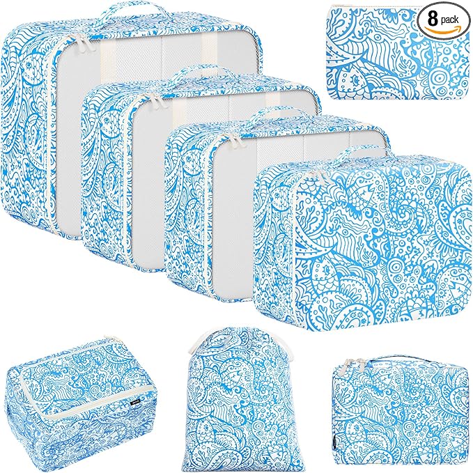 BAGAIL 8 Set Packing Cubes Luggage Packing Organizers for Travel Accessories-Blue paisley by BAGAIL