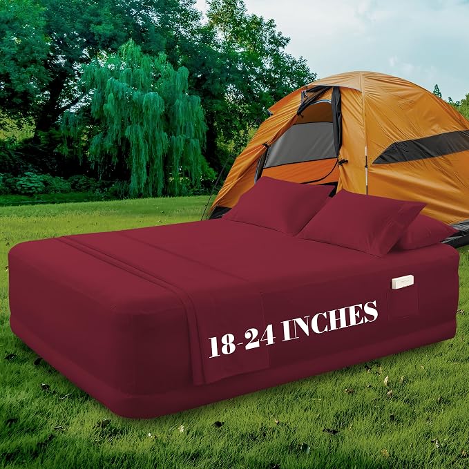 Mocassi 4-Piece Extra Deep Pocket 16-24 Inch Air Mattress Bed Sheet Set- 4PC Sheet Set with Smart Pockets Ideal for Air Beds, RVs, Camping and Guest Rooms Premium Hotel Quality, Twin XL, Burgundy - Image 6