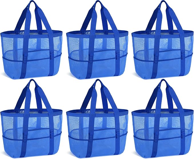 Hillban Large Beach Mesh Bags Bulk for Women Beach Tote Bag with 8 Pocket Zipper Waterproof Sandproof for Pool Cruise Ship by Hillban