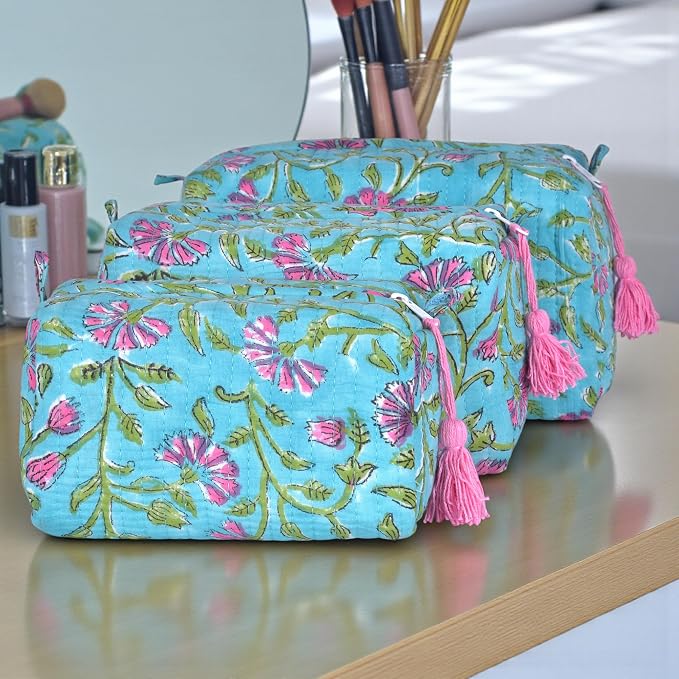 Quilted Floral Block Print Makeup Bag Set of 3 – Cotton Travel Toiletry and Makeup Organizer, Cosmetic Pouch, Toiletry Bag for Women, Cute Boho Coquette Make Up Bags for Women (Small, Medium, Large) - Image 6