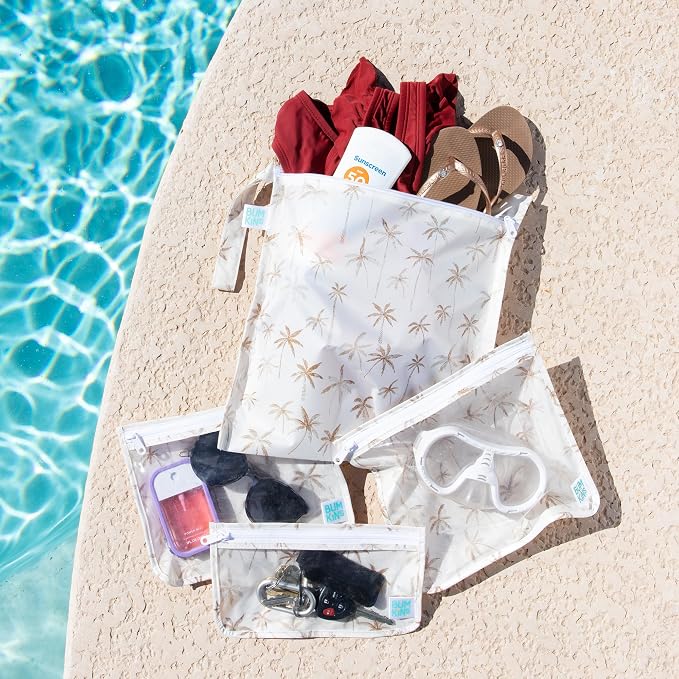 Bumkins - Waterproof Wet Bag & Clear Travel Bags - For Beach, Baby, Travel, Swim Suit, Cloth Diapers, Pump Parts, Pool, Gym, Toiletries - Reusable & Easy to Clean - Palm Trees - 4 Pack - Image 2