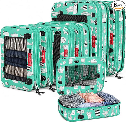 LeanTravel Premium Compression Packing Cubes for Travel - Suitcase Organizer Bags with Double Zipper & Breathable Mesh Panel - Space Saving Carry On Luggage Essentials (6-Pack, Green Cactus) by LeanTravel