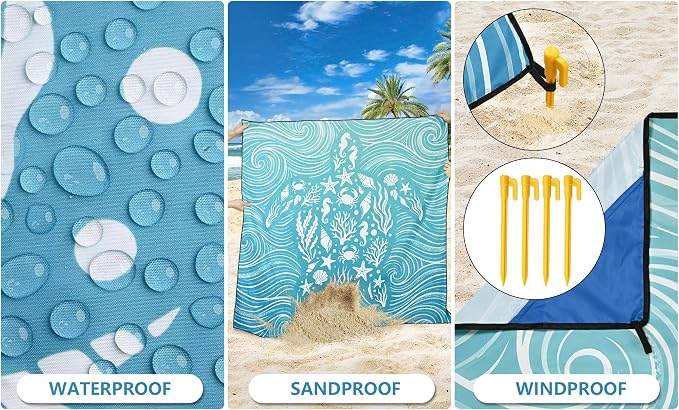 HIHOHO Beach Blanket Waterproof Sandproof Beach Mat 79”x 83” for 1-8 Adults Quick Drying Durable Outdoor Picnic Mat for Beach Festival Travel Camping Hiking (Wave Turtle-BL, 79"×83"(4 Person)) - Image 4