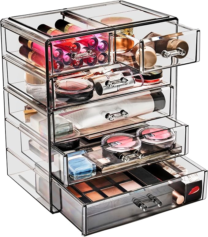 Sorbus Acrylic Makeup Organizer Set, 6-Drawer Vanity & Countertop Cosmetic Storage with Small & Wide Drawers, Black Jewel Makeup Storage for Brushes, Lipsticks, Jewelry, Holiday Gift for Women & Teens by Sorbus