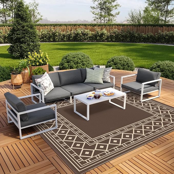 GENIMO Outdoor Rug, Waterproof Plastic Rugs for Patio, 10'x10' Coffee Beige | Outside Larger Modern Carpet Mat for Porch Decor, Deck, Balcony, Camping, RV, Backyard, Picnic, Beach, Reversible by GENIMO