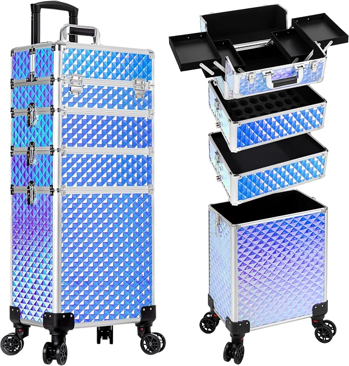 AROUS Rolling Makeup Train Case 4 in 1 Cosmetology Case on Wheels Large Storage Cosmetic Trolley with Key Salon Barber Case Traveling Cart Trunk, Colorful - Image 9