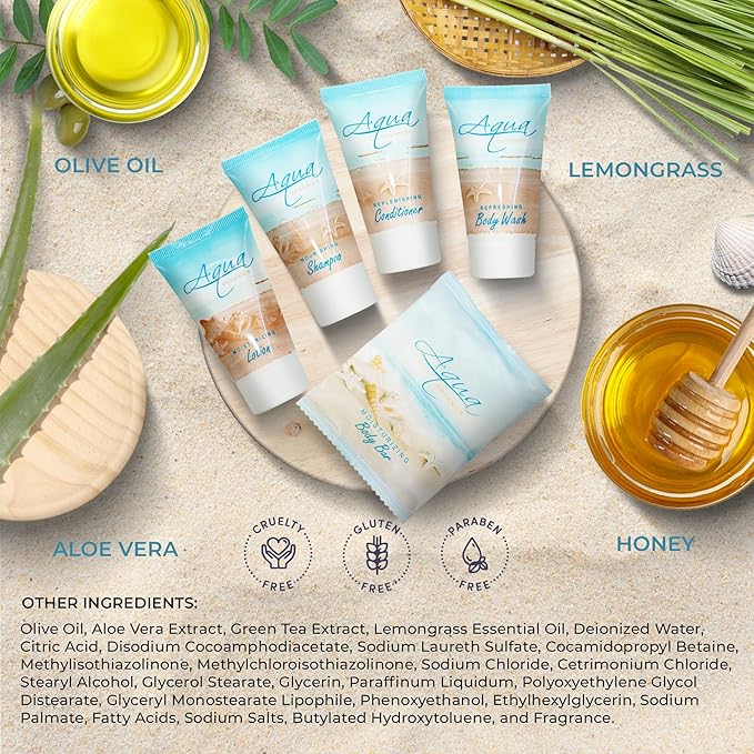 1-Shoppe Aqua Organics Amenity Kit | Boxed Hotel Toiletries Bulk Set | 1 oz Shampoo, Conditioner, Lotion, Body Wash & Bar Soap | 5 piece set