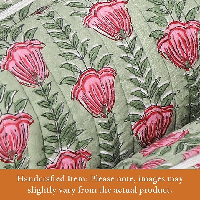 Saffron Marigold Quilted Makeup Bag Set of 3, Hand Block Printed Cotton Cosmetic Bags for Women, Waterproof Lined Travel Toiletry Bag, Coquette Floral Aesthetic, Handmade Gift, Tulip Rain - Image 2