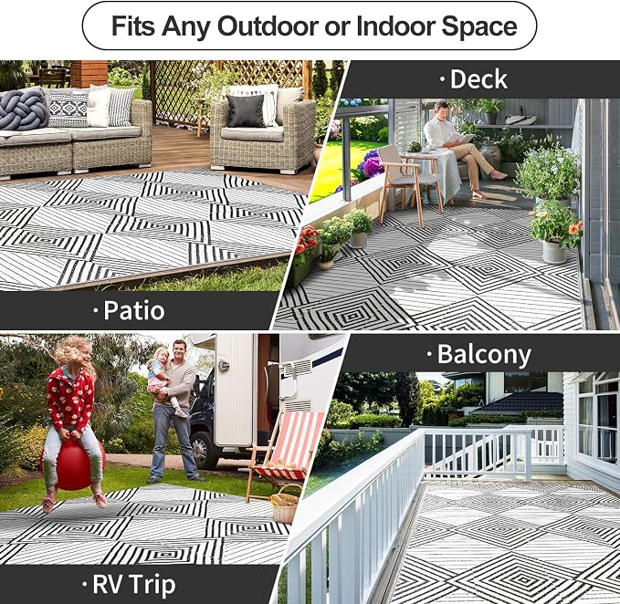 Waterproof Outdoor Rug 5x8ft, Foldable Reversible Plastic Straw Mat for Patio RV Deck Porch Backyard Balcony Camping Picnic Beach Indoor Outdoor Carpet, Black&White - Image 4