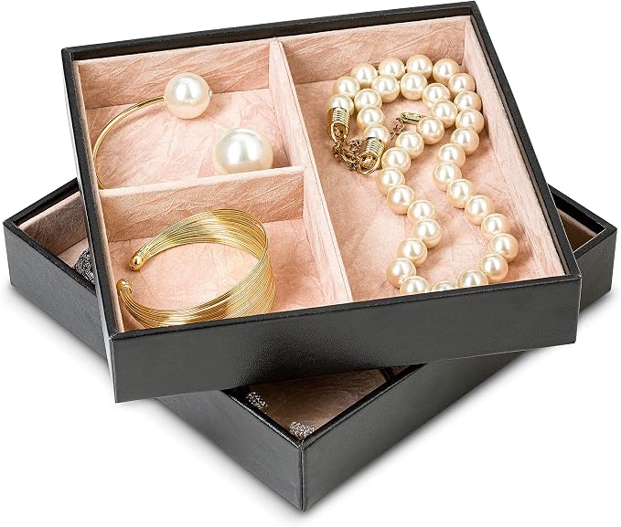 Glenor Co Jewelry Organizer Tray - Set of 2 - Stackable 6 Slots Jewelry Storage Trays - Display on Dresser or Drawer - Compatible with Other Trays - Black - Image 3