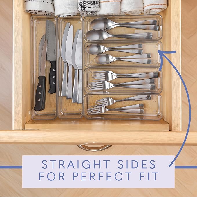 primebox Six Pcs. Plastic Clear Drawer Organizers. Stackable Storage Trays for Kitchen Utensils and Silverware. 2 Sizes. Stackable - Image 4