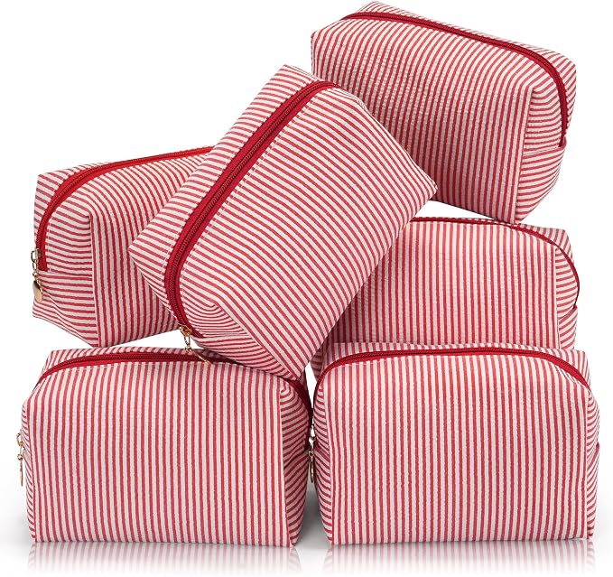 Makeup Bag Set for Women, 6PCS Travel Cosmetic Bags Pencil Case, Striped Seersucker Toiletry Organizer Pouches, Cute Makeup Pouch for Purse, Accessories and Gifts, Red by Unknown