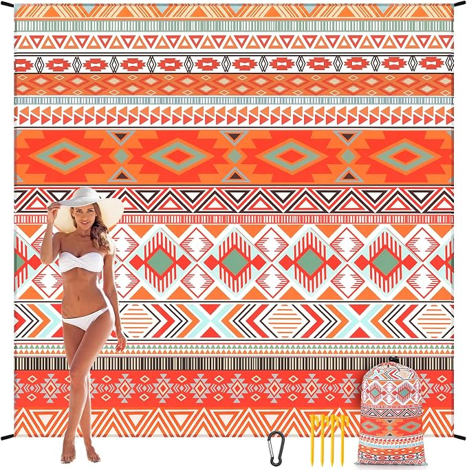 WIWIGO Beach Blanket Sandproof Extra Large Beach Mat Adults Waterproof Quick Drying Sand Free Mat Made by Premium Polyester with 4 Stakes & 4 Corner Pockets for Outdoor Travel Camping Hiking by WIWIGO