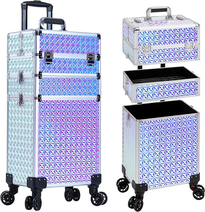 3 in 1 Rolling Makeup Train Case Cosmetology Case on Wheels, Silver | Large Cosmetic Trolley Organizer with Keys Salon Barber Case Traveling Cart Trunk for Artist Hairstylists Nail Tech by Unknown