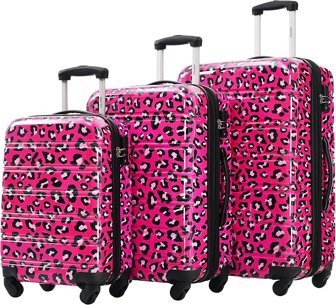 Merax Suitcase Set, Hardshell Luggage Sets 3 Piece with Spinner Wheels | Expandable Durable Suitcase with TSA Lock Lightweight 20" 24" 28", Hot Pink Leopard by Merax