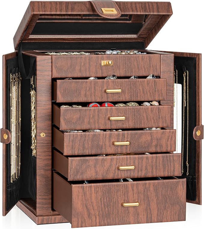 AKOZLIN 6-Tier Jewelry Box Organizer Functional 5 Drawers Leather Jewelry Storage Case for Women Girls Ring Necklace Earring Bracelet Holder Organizer with Mirror XL Red 360° Rotating by AKOZLIN