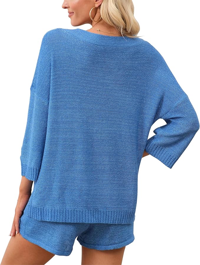 Ermonn Womens 2 Piece Outfits Sweater Sets Off Shoulder Knit Tops Waist Short Suits Casual Pajama Set - Image 4