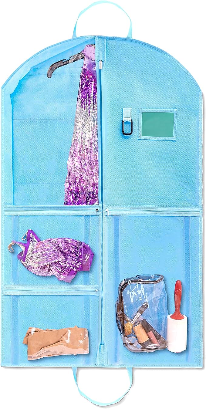 Waterproof Hanging Garment Bag 40 inch Clothes Bag with Gusset, 5 Pockets & Side Zip for Dance Costumes, Sports, Skating, Theatre, Beauty Pageants, Cheer & More by Kendall Country, Sky Blue - Image 4