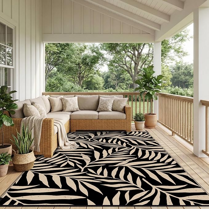 Smiry Outdoor Rug 6x9 ft, Waterproof Reversible Plastic Straw Rugs, Outdoor Area Rug with Leaf Pattern, Outside Floor Mat for Patio, Backyard, Deck, Picnic, Beach, Camping, Black & Beige - Image 6