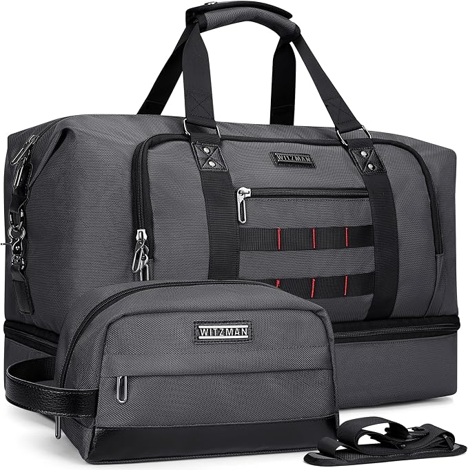 WITZMAN Travel Duffle Bags for Men Weekender Bags with Toiletry Bag Sets Carry On Overnight Bag 55L （B696 Silvery Grey） | Multi-pockets with Shoe Compartment and Dry-wet Pocket, Carry On, Convertible for Gym, Overnight, Sports, B696 Silvery Grey by WITZMAN