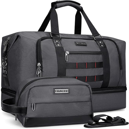 WITZMAN Travel Duffle Bags for Men Weekender Bags with Toiletry Bag Sets Carry On Overnight Bag 55L （B696 Silvery Grey） | Multi-pockets with Shoe Compartment and Dry-wet Pocket, Carry On, Convertible for Gym, Overnight, Sports, B696 Silvery Grey by WITZMAN