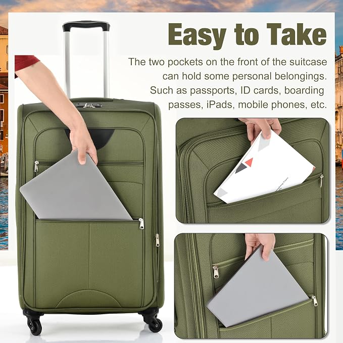 Merax Softside Luggage Set 3 Piece Suitcase with Duffel Bag Spinner Wheels | Lightweight Expandable Travel Luggage 22" 26" 30",Army Green - Image 6