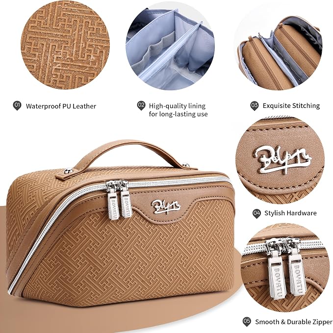 BOYATU Travel Makeup Bags for Women: Vintage Roman Column Texture | Each Journey, Quiet Luxury Serenity - 3 Pcs Set Large Capacity Cosmetic Bag Organizer Toiletry Purse(Brown) - Image 4